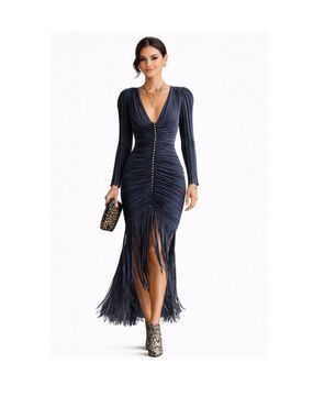 NWT Yohers Pure Grace Navy Blue Ruched V-Neck Fringe Hem Bodycon Dress